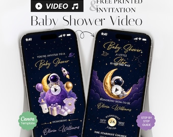 Little Astronaut Baby Shower Video Invitation, Galaxy Stars Animated Canva Template (Digital Download)