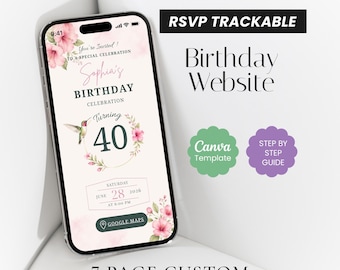 Invitación web de cumpleaños con colibrí floral rosa, plantilla animada de Canva (descarga digital)