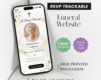 Invitación editable para sitio web funerario, Memorial Lirio Blanco, plantilla de Canva (descarga digital)