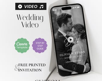 Invitación de boda minimalista en blanco y negro para guardar la fecha, plantilla moderna de Canva (descarga digital).