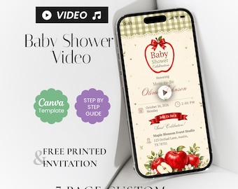 Video de invitación para baby shower con temática de manzanas otoñales, plantilla animada de Canva, lazos otoñales (descarga digital)