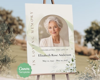 Funeral Welcome Sign Template, White Lily Memorial, Celebration of Life Display (Canva)