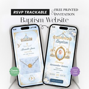 May include: Two smartphones displaying a digital baptism invitation template with a carousel theme. The screens feature blue and gold graphics, a dove, a photo of a child, and text including RSVP TRACKABLE, FREE PRINTED INVITATION, Baptism Website, Alexander James, and date details.