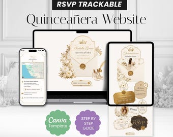 Plantilla de Canva para invitación de quinceañera con diseño floral en oro blanco (descarga digital)