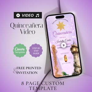 Puede incluir: Un smartphone muestra un video de invitación de Quinceañera. El diseño presenta una princesa con cabello largo, una torre y una linterna. El texto incluye "Quinceañera Video", "Canva Template" y "Free Printed Invitation".