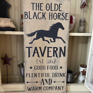 Primitive black horse tavern wood sign, country, folk art,  primitive decor, prim decorating, colonial, farmhouse, folk art, early american