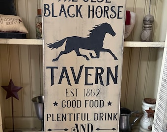 Primitive black horse tavern wood sign, country, folk art,  primitive decor, prim decorating, colonial, farmhouse, folk art, early american