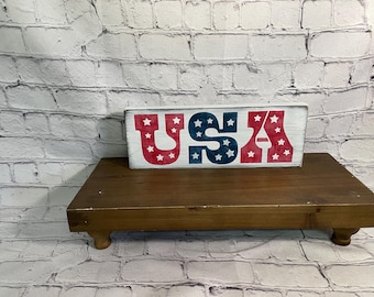 USA wood 4th of July block sign, shelf sitter block, Americana, military, patriotic, table decoration