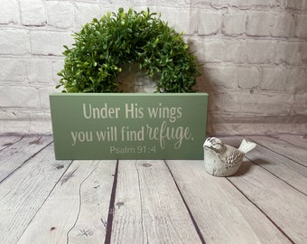 Bible verse sign, Find Refuge, Psalm 91:4, mini block sign, shelf decor, tiered tray, accent sign, Faith