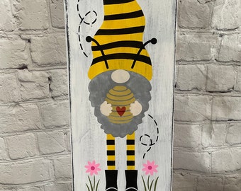 Bee Happy wood sign, bee theme, summer decor, bee decor, honey, spring decor, kitchen decor, gnome decor, bee hives, Bee gnome wooden sign