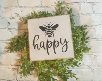 Bee Happy block sign, Be happy Tiered Tray, shelf sitter block, farmhouse decor, home decor, kitchen decor,  summer signs, honey