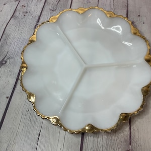 Vintage Anchor Hocking Milk Glass with Gold Trim Divided Relish Tray. &quot;Golden Shell&quot; Pattern