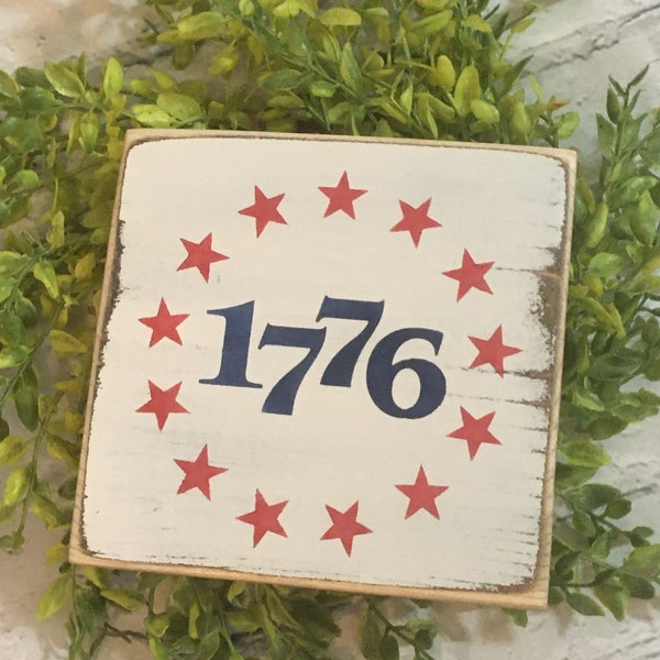 1776 star wreath sign, 4th of July decor, Tiered Tray, shelf sitter block, Americana, Independence Day decor,  military, patriotic