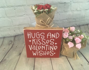 Huggs and Kisses mini wood sign, Tiered Tray, shelf sitter block, Valentines Day, Love, wedding