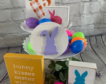 Easter bundle READY SHIP set A -Tiered Tray, shelf sitter block,tiered tray accesory, bunny,home decor, Easter decor, Easter signs grouping
