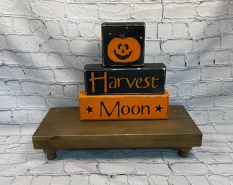 Harvest Moon Block set wood sign, Tiered tray decor, shelf sitter block, fall decor, farmhouse,  primitive, rustic