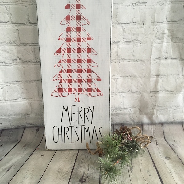 Merry Christmas wood sign, buffalo plaid tree, Farmhouse Christmas, shabby chic