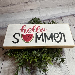 Watermelon Hello Summer wood sign, watermelon theme sign,  Tiered Tray decor, shelf sitter block, summer mini sign,  distressed, farmhouse