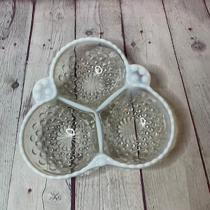Anchor Hocking Hobnail, Moonstone Opalescent Three Section divides dish