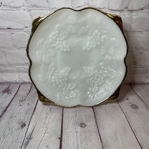 Vintage Anchor Hocking Milk Glass with Gold Trim Divided Relish Tray mid century glass grapes and leaves pattern