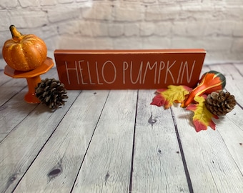 Hello Pumpkin wood sign, Tiered Tray decor, shelf sitter block, mantle decor, home decor,  farmhouse fall, table display