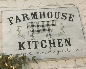 Farmhouse Kitchen wood sign/ primitive/ rustic/ country home decor/ buffalo plaid cow