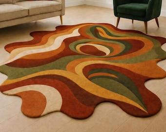 Abstract Hand Tufted Rug, Retro Wavy Area Rug, Modern Organic Shape Carpet, Mid Century Living Room Rug, Boho Bedroom Decor, Custom Rug