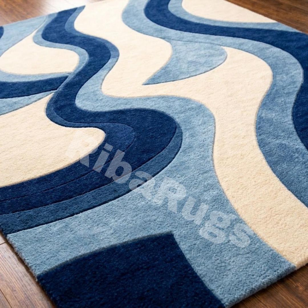 Modern Blue Wave Hand Tufted Rug, Abstract Area Navy & Beige Wavy ...