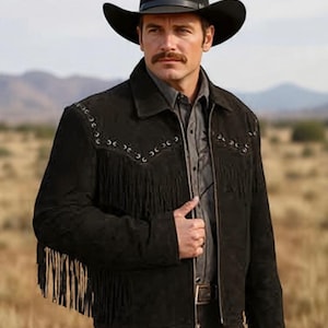 Chaqueta de cuero de gamuza negra estilo vaquero occidental para hombre - Abrigo de piel de ciervo con flecos hecho a mano