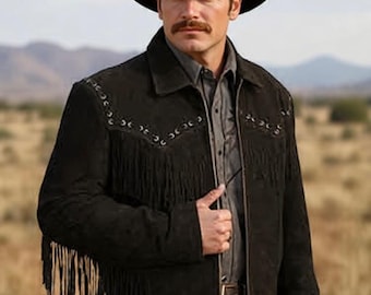Men Western Black Suede Fringe Jacket - Cowboy Biker Coat Handmade Jacket