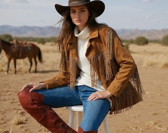 Women Western Brown Suede Fringe Jacket - Vintage Cowgirl Coat Biker Jacket