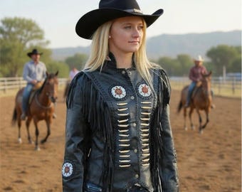 Chaqueta vintage de ante negro con flecos para mujer - Abrigo vaquero estilo western hecho a mano