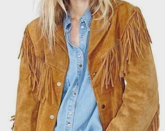 Chaqueta de mujer de ante marrón oscuro con flecos, estilo vaquera, estilo motero western, con borlas, estilo vintage.