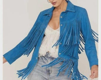 Chaqueta de gamuza azul con flecos, abrigo corto de cuero estilo vaquera para mujer, top bohemio con borlas.