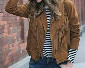 Chaqueta de mujer de ante marrón oscuro con flecos, estilo vaquera, estilo motero western, con borlas, estilo vintage.