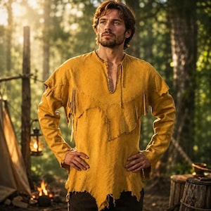 May include: A long-sleeved mustard yellow pullover shirt featuring a V-neckline with a lace-up detail, a textured suede-like finish, and decorative fringe accents across the chest and shoulders with a jagged, uneven hemline at the bottom.