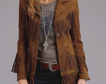 Chaqueta de mujer de ante marrón oscuro con flecos, estilo vaquero western, motero, con borlas, estilo vintage.