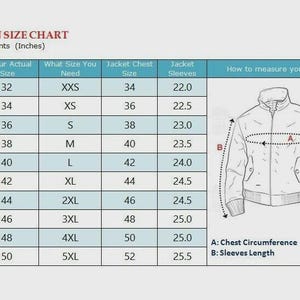 May include: A women's size chart with measurements in inches. The chart includes chest size, jacket size, and sleeve length, ranging from 30-32 inches to 48-50 inches. An illustration shows how to measure chest circumference and sleeve length.
