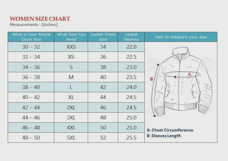 May include: A women's size chart with measurements in inches. The chart includes chest size, jacket size, and sleeve length, ranging from 30-32 inches to 48-50 inches. An illustration shows how to measure chest circumference and sleeve length.