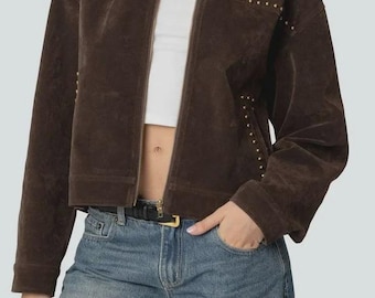 Chaqueta vaquera de ante marrón oscuro, flecos de borlas, abrigo de cuero estilo boho con tachuelas.