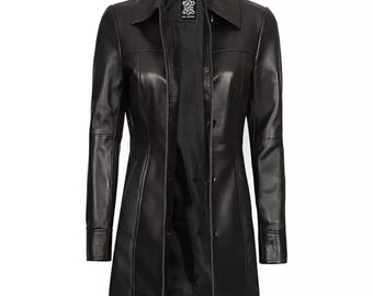 Gabardina de piel de cordero para mujer / Chaqueta tipo blazer de piel auténtica negra