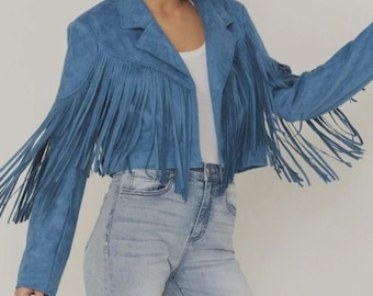 Chaqueta de gamuza azul con flecos, abrigo corto de cuero estilo vaquera para mujer, top bohemio con borlas.