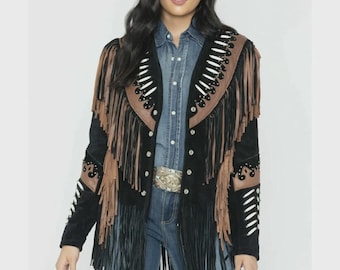 Women Vintage Western Suede Fringe Jacket - Handmade Beaded Cowgirl Coat