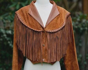 Chaqueta de ante con flecos para mujer, estilo vaquero occidental, abrigo bohemio con borlas, chaqueta de festival marrón rojizo