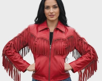 Chaqueta de ante rojo con flecos para mujer, chaqueta de cuero estilo vaquera western, regalo bohemio para ella.