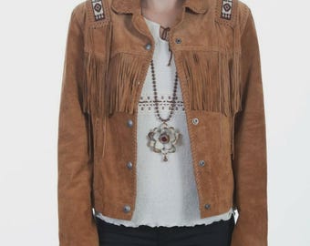 Chaqueta de ante marrón con flecos para mujer, chaqueta de cuero estilo vaquera western, regalo bohemio para ella.