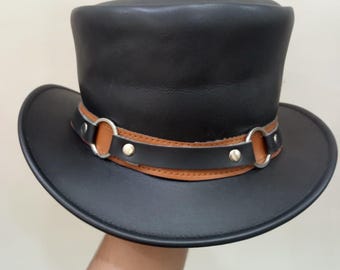 Sombrero de copa gótico de cuero con tachuelas hecho a mano / Sombrero steampunk con calavera y concho