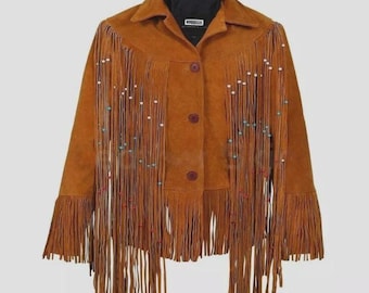 Chaqueta vaquera de ante con flecos para mujer - Abrigo vaquero marrón oscuro estilo motero