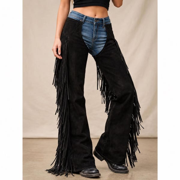 Black Suede Fringe Chaps | Western Cowgirl Biker Pants/ chap