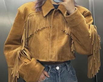 Chaqueta de ante color camel con flecos para mujer, chaqueta corta de cuero estilo vaquera western, regalo bohemio para ella.